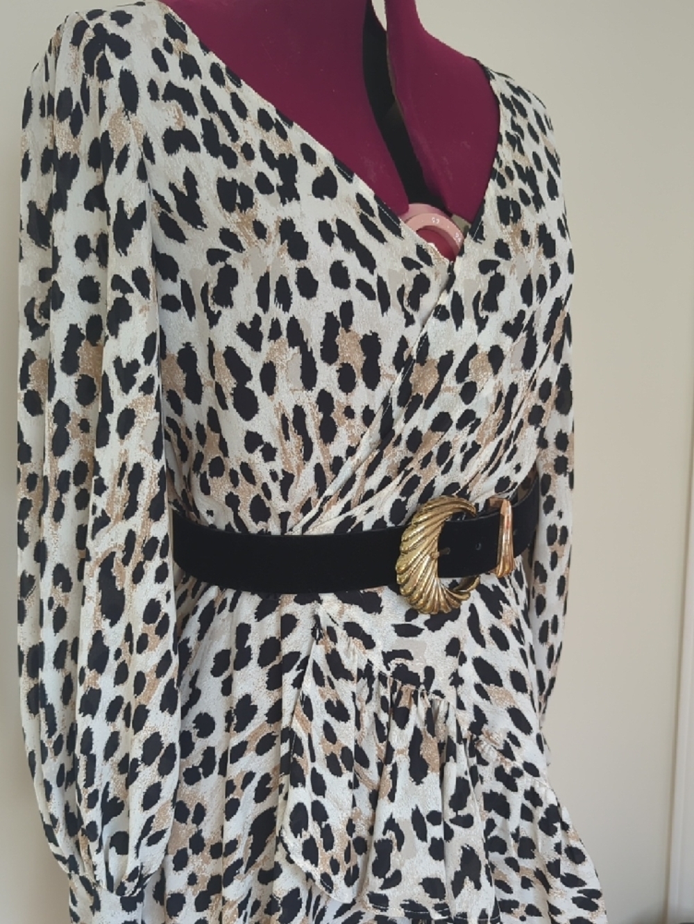 Leopard Print V-Neck Tiered Mini Dress with Black Belt - Picture 3 of 8